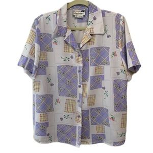 Vintage Leslie Fay Floral Patchwork Print Short Sleeve Button Down Shirt